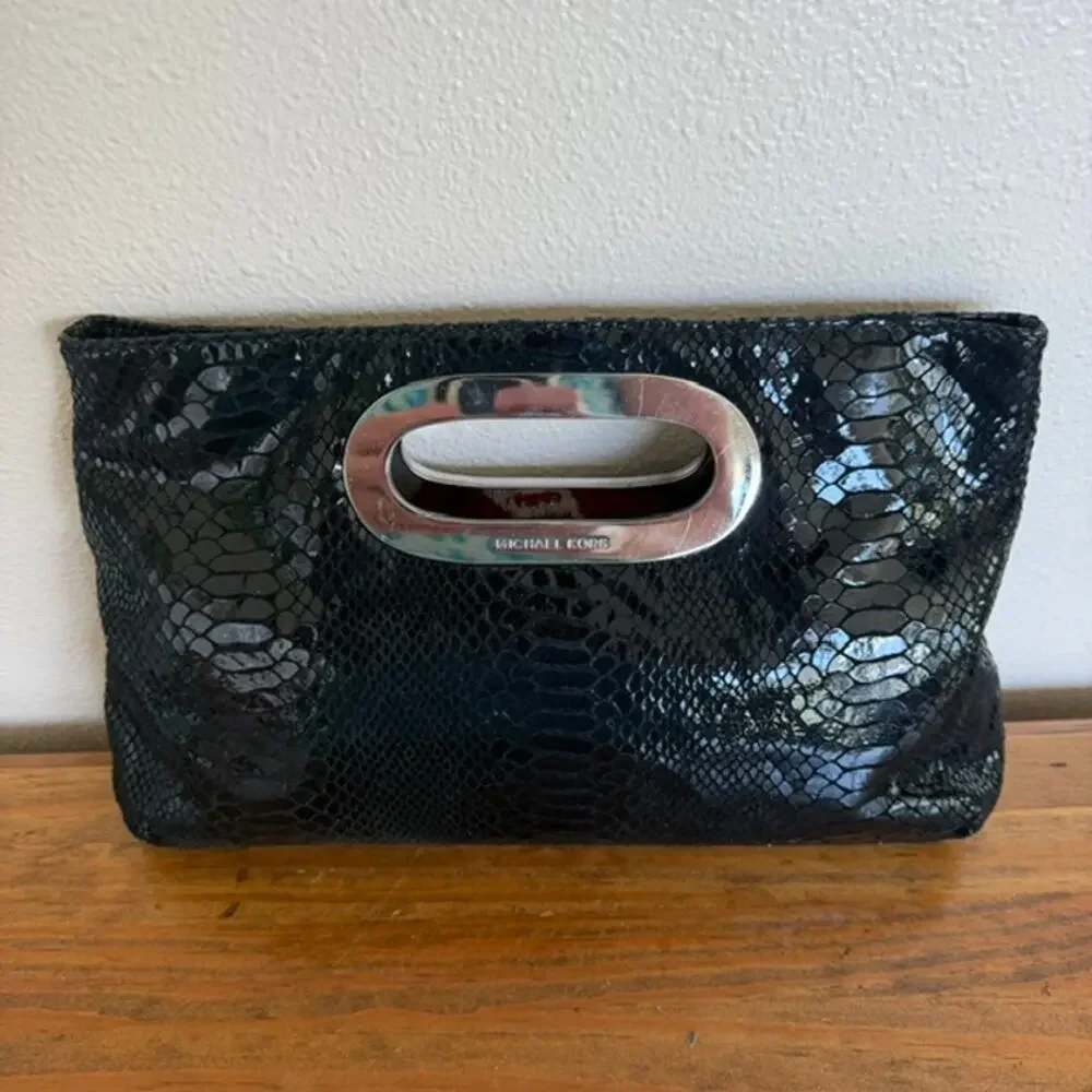 Michael Kors Berkley Clutch - Black Snakeskin Pattern with Gold Tone Handle